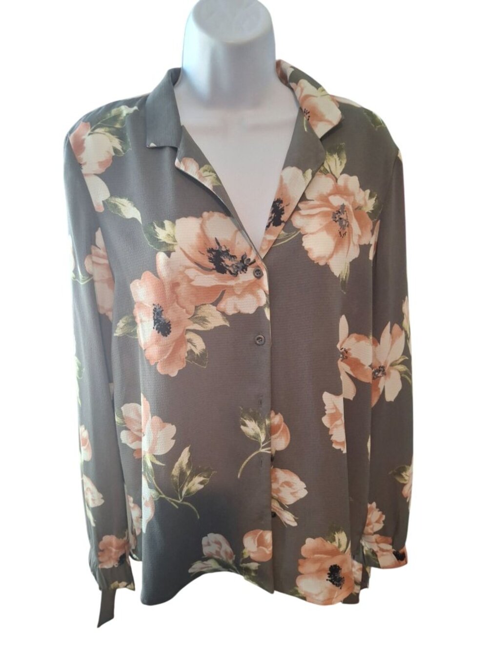 Everly Womens S Gray Floral Button Blouse Tie Sleeve Cottagecore Romantic Top